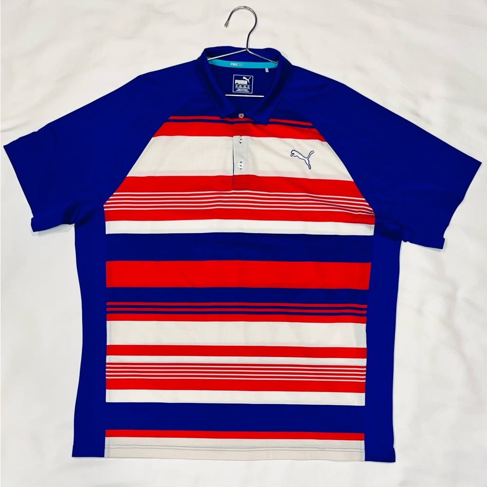Puma Men's Blue and Red Striped Polo Shirt